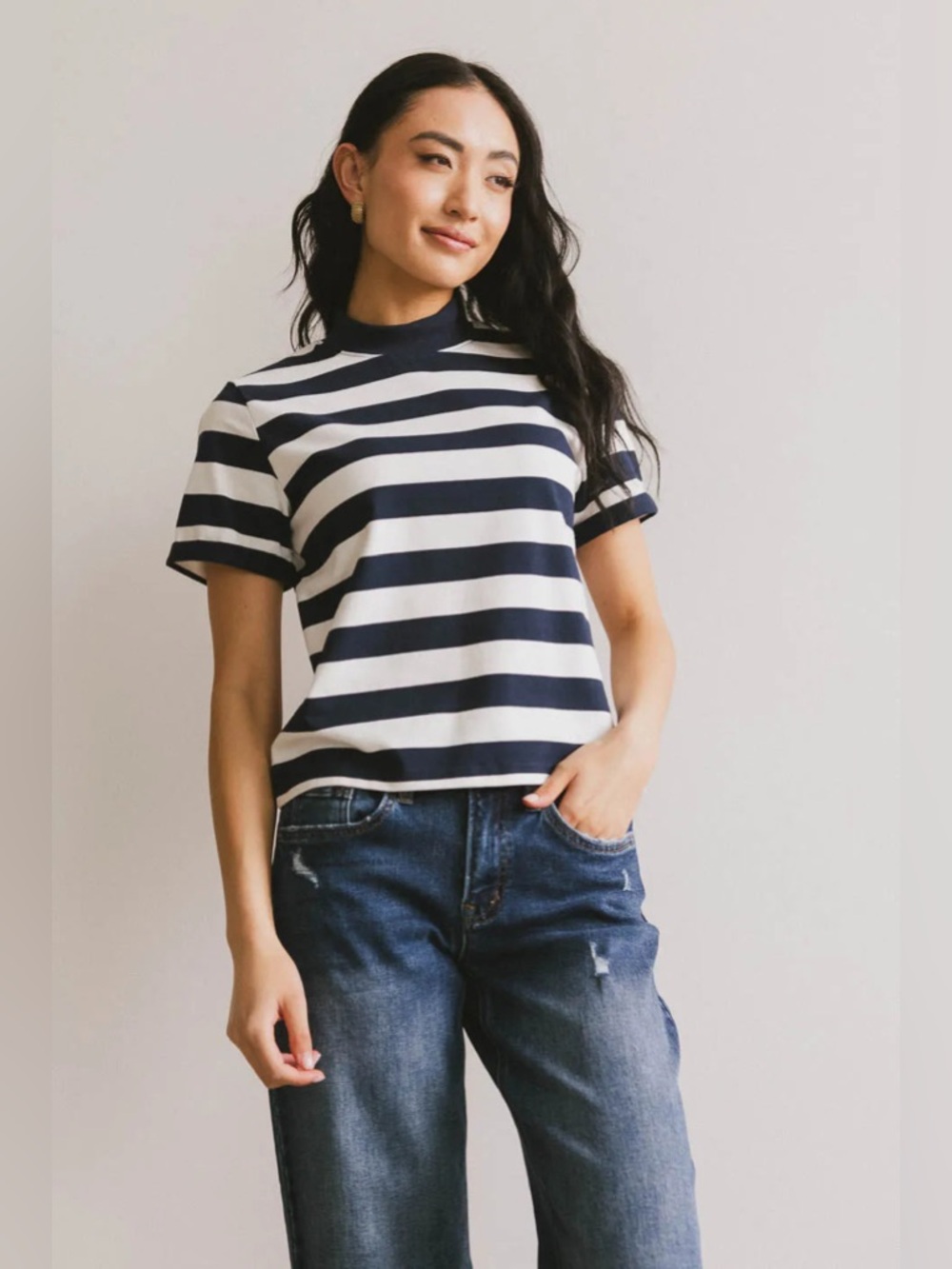 NWT Bohme Striped Short-Sleeve Mock Neck Top - Navy & White “Grenna”